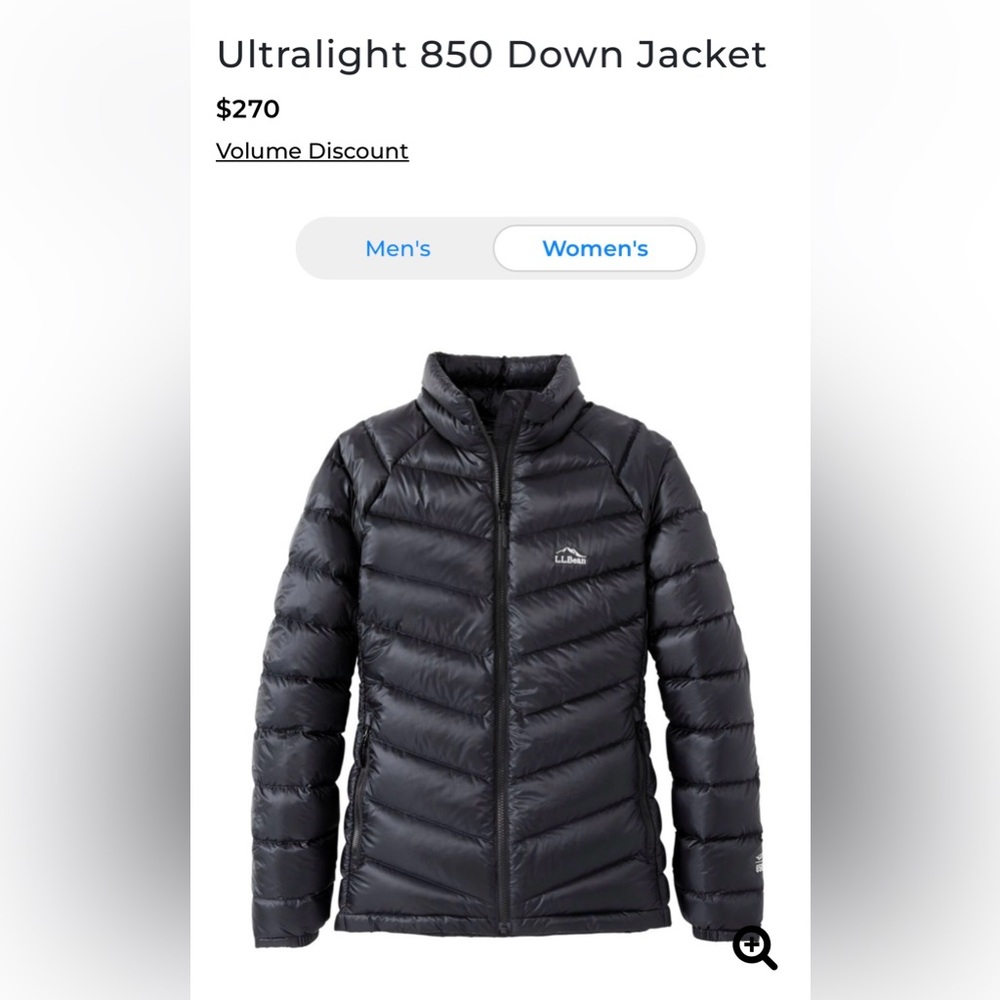 L.L. Bean Ultra Light 850 Black Down Jacket with Pertex Quantum